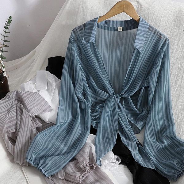 women's swimwear korean short bandage chiffon shawl summer simple lapel women long sleeve thin cardigan striped sunscreen shirt female, White;black
women's swimwear korean short bandage chiffon shawl summer simple lapel women long sleeve thin cardigan striped sunscreen shirt female, White;black