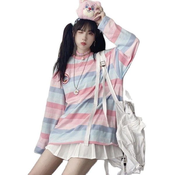 women's t-shirt cute kawaii striped loose o-neck harajuku long sleeve t shirt women plus size rainbow 90s casual candy color tee, White
women's t-shirt cute kawaii striped loose o-neck harajuku long sleeve t shirt women plus size rainbow 90s casual candy color tee, White