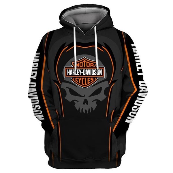 2021 new men's skull harley 3d digital printing pullover hoodie sweater, Black