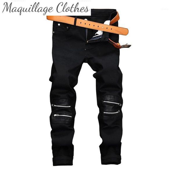men fashion high street jeans trousers leather patchwork stretch denim pants for male nightclub streetwear men's, Blue
men fashion high street jeans trousers leather patchwork stretch denim pants for male nightclub streetwear men's, Blue