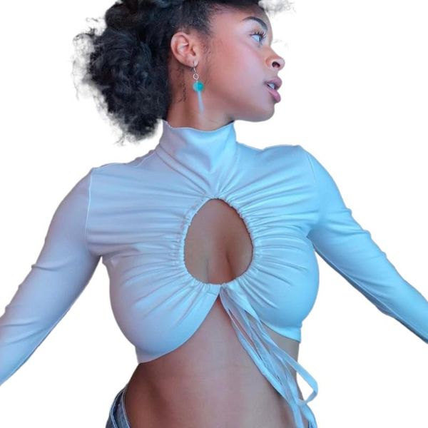 women's t-shirt fashion minimalism hollow out y2k crop street lace up casual turtleneck tshirt smooth skinny club tees, White
women's t-shirt fashion minimalism hollow out y2k crop street lace up casual turtleneck tshirt smooth skinny club tees, White