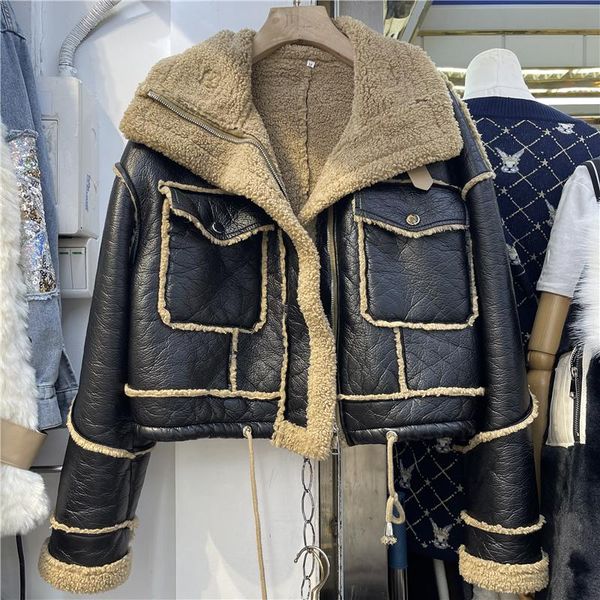 women's leather & faux 2021 autumn winter korean women lapel long sleeve short jacket warm fake lamb fur coat female casual chaqueta mu, Black
women's leather & faux 2021 autumn winter korean women lapel long sleeve short jacket warm fake lamb fur coat female casual chaqueta mu, Black