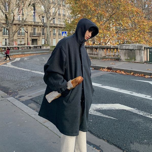men's woolen coat mid long windbreaker youth pop casual hooded korean style teenagers handsome loose fashion clothes, Black
men's woolen coat mid long windbreaker youth pop casual hooded korean style teenagers handsome loose fashion clothes, Black