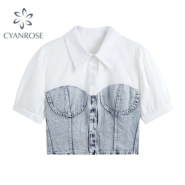 short sleeve button lapel patchwork denim slim women's shirt cute crop blouse summer fashion blusas tee 210515, White
short sleeve button lapel patchwork denim slim women's shirt cute crop blouse summer fashion blusas tee 210515, White