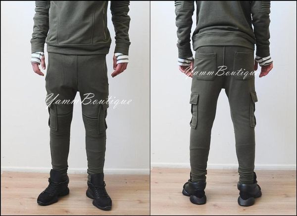 men's low drop crotch knee quilted olive cargo sweatpant joggers / skinny fit pants, Black