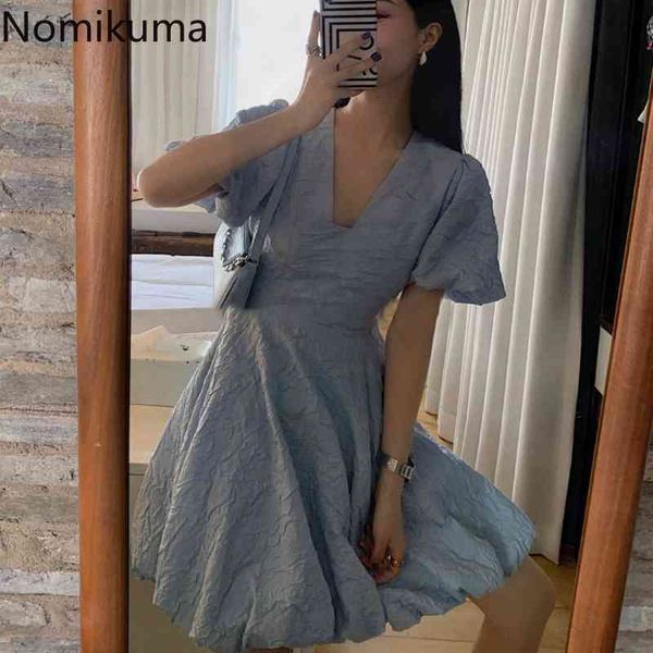 nomikuma women summer dress v neck puff sleeve mini dresses slim waist solid color a line vintage fashion vestidos 210514, Black;gray
nomikuma women summer dress v neck puff sleeve mini dresses slim waist solid color a line vintage fashion vestidos 210514, Black;gray
