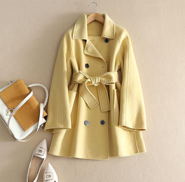 women's wool & blends women coat 2021 yellow female 100% outerwear short belt, Black