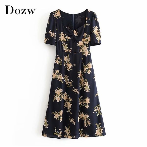 women short sleeve floral print elegant dress square collar pleated vintage summer back zipper midi vestidos mujer 210515, Black;gray
women short sleeve floral print elegant dress square collar pleated vintage summer back zipper midi vestidos mujer 210515, Black;gray