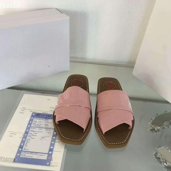 branded women sandals woody mules flat slipper deisgner lady lettering fabric outdoor leather sole slide sandal 022, Black
