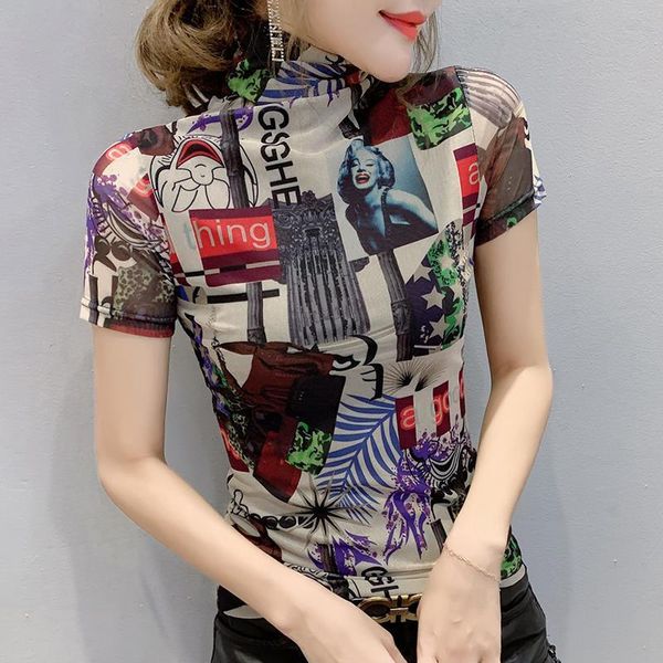 summer fashion mesh women turtleneck print european clothes ropa mujer bottoming tees t01007, White
summer fashion mesh women turtleneck print european clothes ropa mujer bottoming tees t01007, White