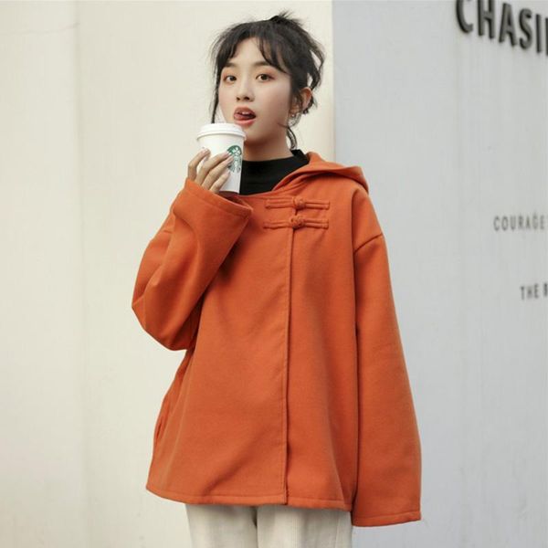 women's wool & blends pumpkin color short coat autumn winter design 2021 fashion chinese button woolen hooded clothes, Black
women's wool & blends pumpkin color short coat autumn winter design 2021 fashion chinese button woolen hooded clothes, Black