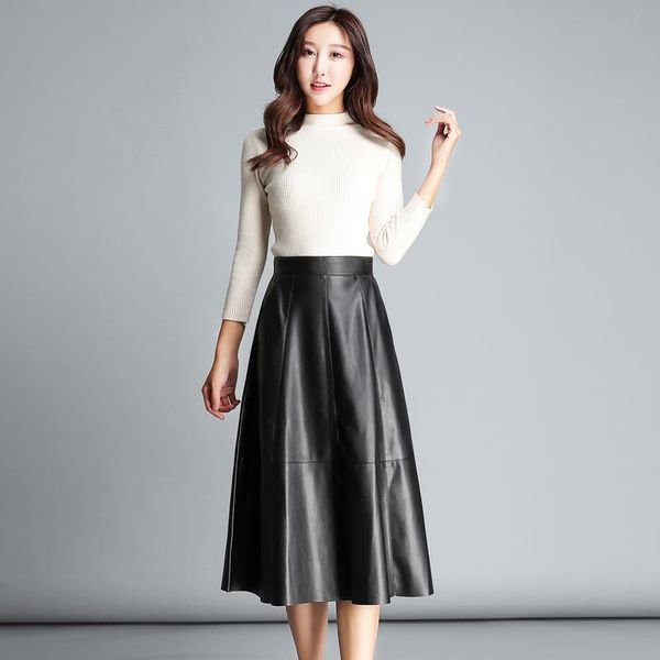leather skirt women soft mixed sheepskin waist black a line 20261c