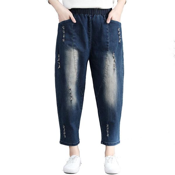 women's jeans autumn women casual pants literary elastic waist hole loose yoyikamomo 2021, Blue 
women's jeans autumn women casual pants literary elastic waist hole loose yoyikamomo 2021, Blue
