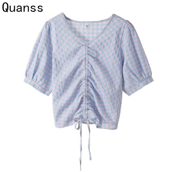 women's t-shirt quanss summer plaid short sleeve t shirt 2021 v neck draw string korean fashion crop sweet shirring casual tshirt, White
women's t-shirt quanss summer plaid short sleeve t shirt 2021 v neck draw string korean fashion crop sweet shirring casual tshirt, White