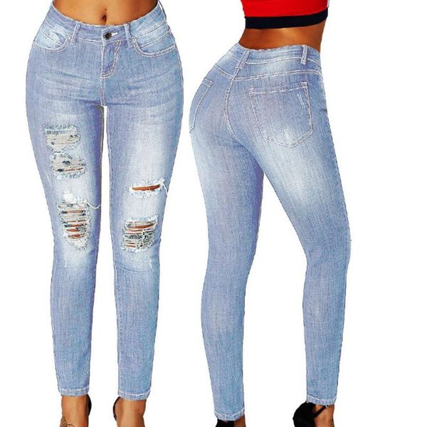 women's jeans women solid color high waist ladies fashion elastic slim demin pants distressed ripped loose casual trousers, Blue
women's jeans women solid color high waist ladies fashion elastic slim demin pants distressed ripped loose casual trousers, Blue