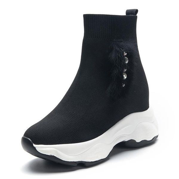 boots 2021 elastic wedge heels hair socks and women's, Black