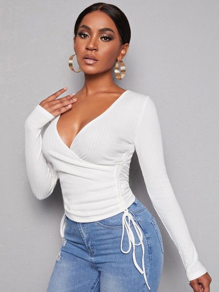 sxy surplice neck drawstring ruched tee d62r#, White