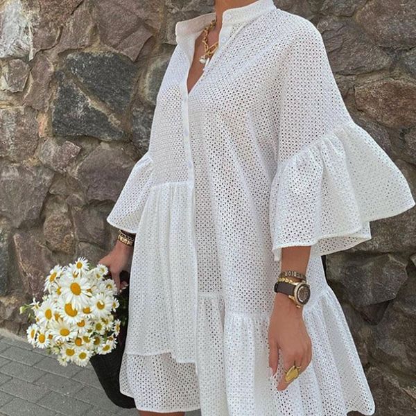 casual dresses women 3/4 sleeves flare sleeve midi female solid irregular hollow out button dress autumn ladies vestidos, Black;gray
casual dresses women 3/4 sleeves flare sleeve midi female solid irregular hollow out button dress autumn ladies vestidos, Black;gray