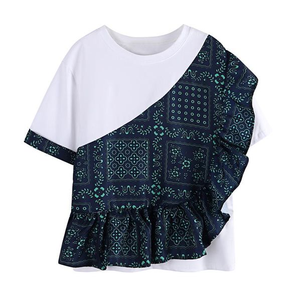 women's t-shirt irregular printed lotus leaf edge hit color short-sleeved women 2021 summer dress korean loose, White
women's t-shirt irregular printed lotus leaf edge hit color short-sleeved women 2021 summer dress korean loose, White