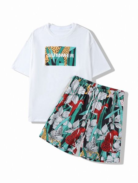 men random letter & leopard print tee & shorts a6ol#, Gray
men random letter & leopard print tee & shorts a6ol#, Gray