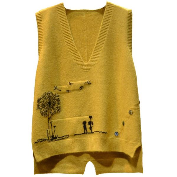 women's vests yellow women embroidered v-neck knitted sweater vest femal cartoon pattern frill loose sleeveless bottoming pullover top, Black;white
women's vests yellow women embroidered v-neck knitted sweater vest femal cartoon pattern frill loose sleeveless bottoming pullover top, Black;white