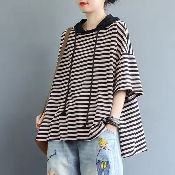 women's t-shirt arrival summer korean style women loose casual short sleeve hooded neck t shirt striped print cotton asymmetry t-s, White
women's t-shirt arrival summer korean style women loose casual short sleeve hooded neck t shirt striped print cotton asymmetry t-s, White