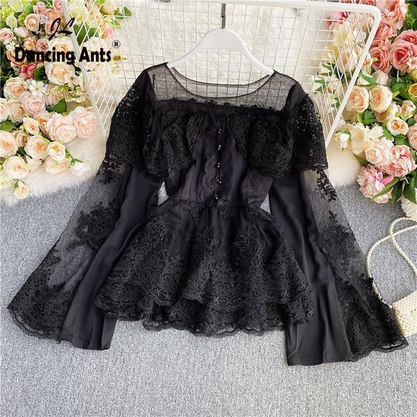 women lace blouse o-neck long flare sleeve look through korean chic autumn or spring slim casual woman fashion shirts women's blouses, White
women lace blouse o-neck long flare sleeve look through korean chic autumn or spring slim casual woman fashion shirts women's blouses, White