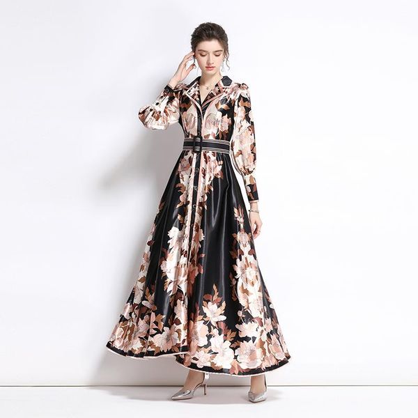 casual dresses runway designer floral long dress 2021 spring fashion women's sleeve vintage print maxi vestido de festa m5523, Black;gray 
casual dresses runway designer floral long dress 2021 spring fashion women's sleeve vintage print maxi vestido de festa m5523, Black;gray
