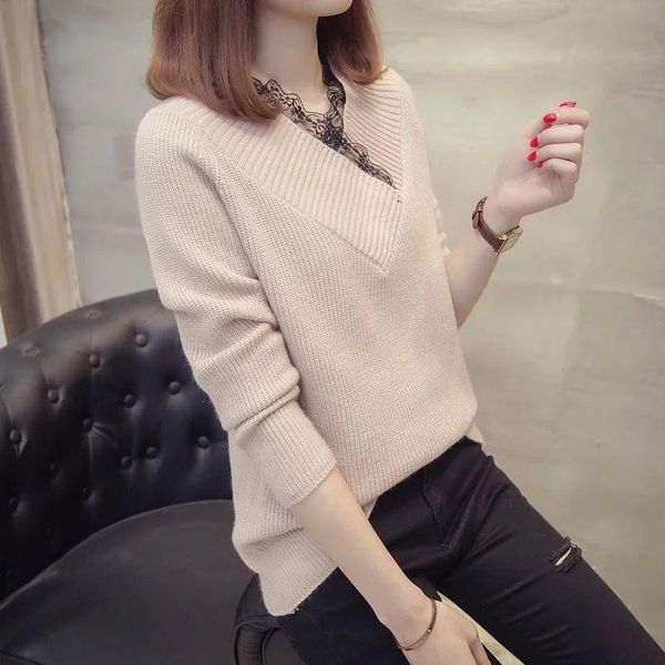 sweater v-neck lace large size dress autumn winter and spring korean style slim knit low waist jersey women's sweaters, White;black
sweater v-neck lace large size dress autumn winter and spring korean style slim knit low waist jersey women's sweaters, White;black