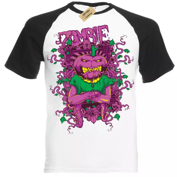 zombie calabaza camiseta manga corta béisbol, White;black 
zombie calabaza camiseta manga corta béisbol, White;black