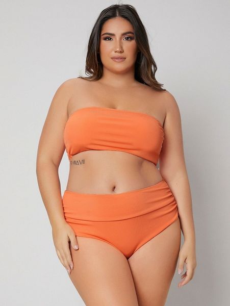 plus rib ruched bandeau high waisted bikini swimsuit 851f#, Black 
plus rib ruched bandeau high waisted bikini swimsuit 851f#, Black