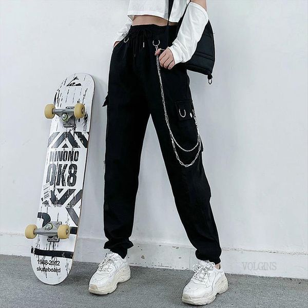 big pockets cargo high waist womens pants baggy tactical trouser loose streetwear hip hop joggers, Black;white
big pockets cargo high waist womens pants baggy tactical trouser loose streetwear hip hop joggers, Black;white
