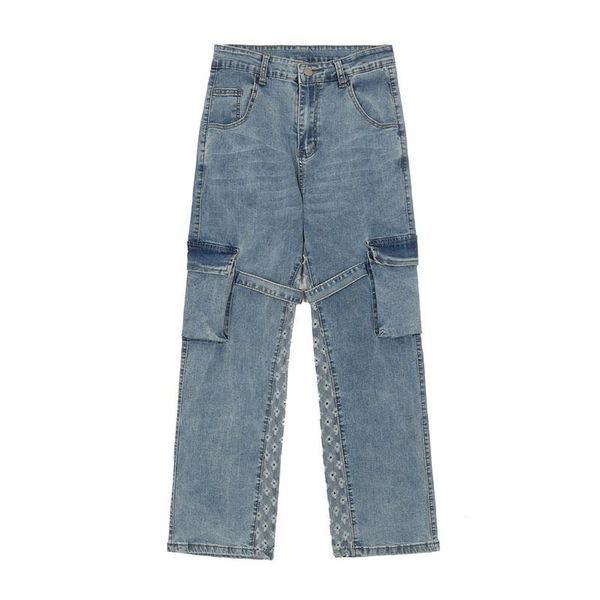 men hi street cargo jeans trousers with ribbons multi pockets streetwear denim pants for male straight men's, Blue
men hi street cargo jeans trousers with ribbons multi pockets streetwear denim pants for male straight men's, Blue