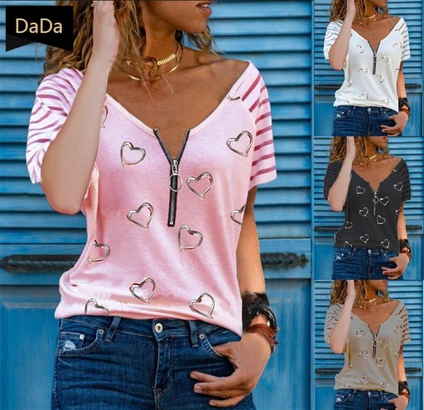 women's t-shirt dada casual short sleeve heart-shaped printed v-neck zipper loose woman tshirts, White
women's t-shirt dada casual short sleeve heart-shaped printed v-neck zipper loose woman tshirts, White
