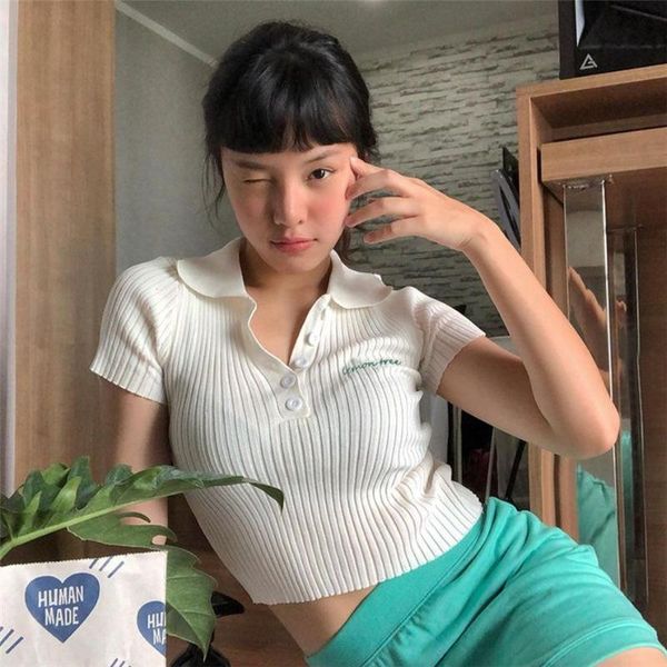 fashion summer women's slim letter embroidery turn-down collar cropped t-shirt women, White
fashion summer women's slim letter embroidery turn-down collar cropped t-shirt women, White