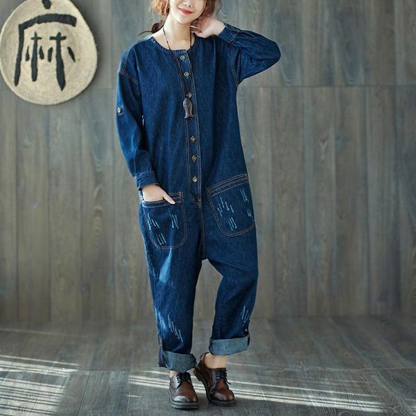 women's jumpsuits & rompers johnature vintage women denim cloths safari style 2021 spring o-neck long sleeve pockets dark blue casual, Black;white
women's jumpsuits & rompers johnature vintage women denim cloths safari style 2021 spring o-neck long sleeve pockets dark blue casual, Black;white