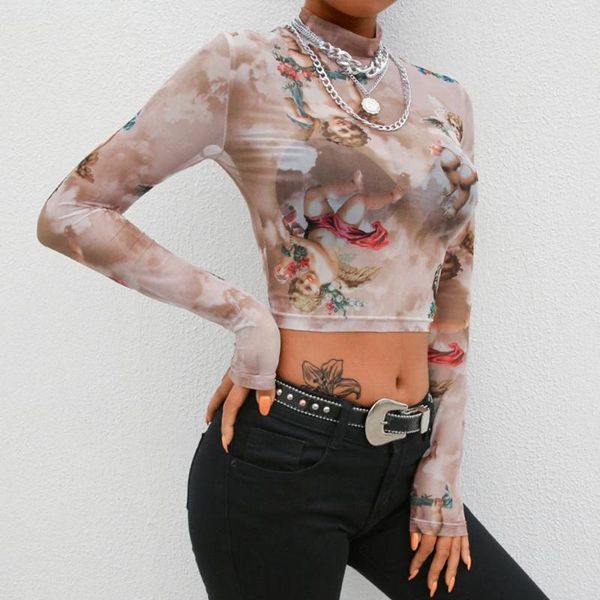 women summer long sleeves mock neck crop romantic colored angel cupid printed t-shirt see through mesh party clubwear women's, White
women summer long sleeves mock neck crop romantic colored angel cupid printed t-shirt see through mesh party clubwear women's, White