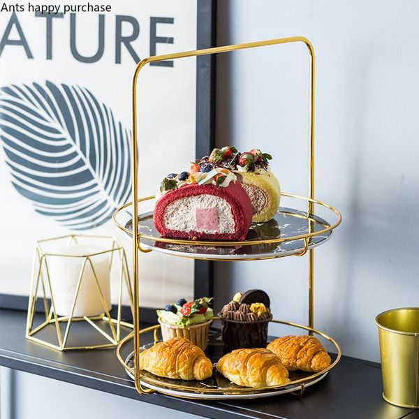 european ceramic double cake pan marble exhibition hall banquet household fruit snack plate jewelry display stand golden rim other bakeware