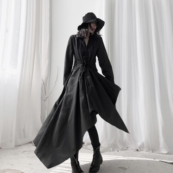 women's blouses & shirts umi mao yamamoto-style japanese dark black hem long-sleeved shirt dress with rope tie at the waist y2k, White 
women's blouses & shirts umi mao yamamoto-style japanese dark black hem long-sleeved shirt dress with rope tie at the waist y2k, White
