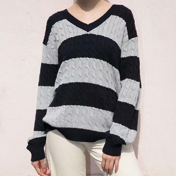 women's sweaters vintage gray striped loose knitted sweater women autumn winter v neck pullovers knitwear retro streetwear oversize 202, White;black
women's sweaters vintage gray striped loose knitted sweater women autumn winter v neck pullovers knitwear retro streetwear oversize 202, White;black