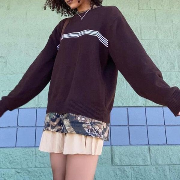 women's sweaters preppy style brown striped knit sweater women vintage oversized jumper knitted pullover jersey mujer knitwear 2021, White;black
women's sweaters preppy style brown striped knit sweater women vintage oversized jumper knitted pullover jersey mujer knitwear 2021, White;black
