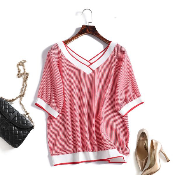 t shirt front and back v-neck design age reducing red stripe chiffon thin short sleeve women's summer fresh top, White
t shirt front and back v-neck design age reducing red stripe chiffon thin short sleeve women's summer fresh top, White