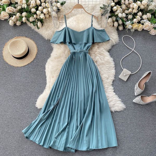 summer vintage women ruffled pleated dress spaghetti strap slash neck long with belt 210423, Black;gray
summer vintage women ruffled pleated dress spaghetti strap slash neck long with belt 210423, Black;gray