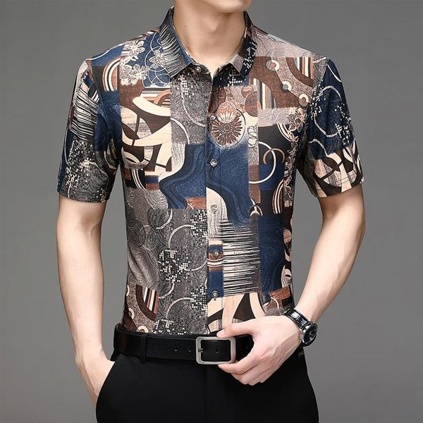 men's casual shirts print for summer short sleeve ice silk slim shirt vintage street social party men clothing, White;black
men's casual shirts print for summer short sleeve ice silk slim shirt vintage street social party men clothing, White;black