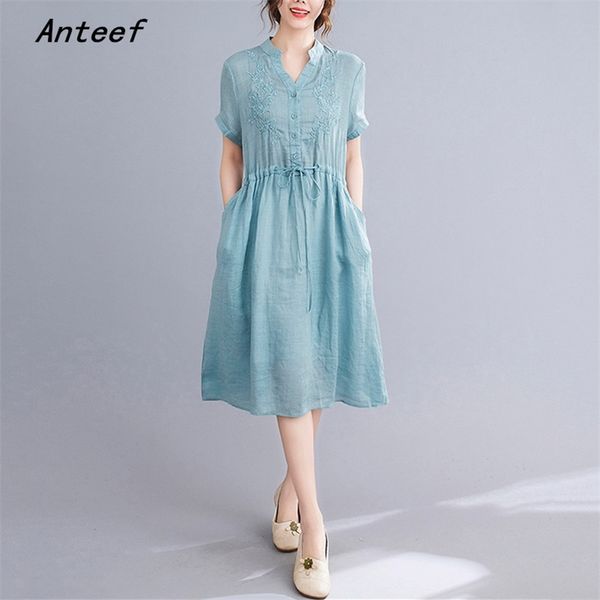 short sleeve plus size cotton linen vintage floral embroidery dresses for women casual loose summer dress elegant clothes 210517, Black;gray
short sleeve plus size cotton linen vintage floral embroidery dresses for women casual loose summer dress elegant clothes 210517, Black;gray