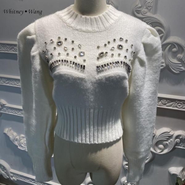 women's sweaters whitney wang 2021 autumn winter fashion streetwear vintage style puff sleeve diamonds beading high waist sweater women, White;black
women's sweaters whitney wang 2021 autumn winter fashion streetwear vintage style puff sleeve diamonds beading high waist sweater women, White;black