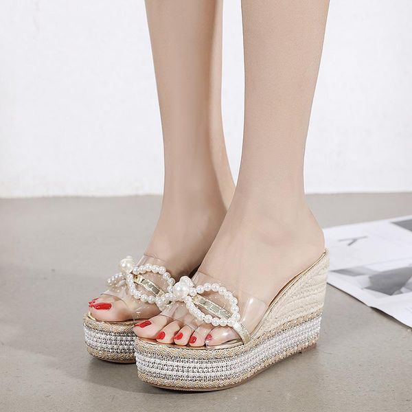 summer wedge high heel sweet pearl bow women's sandals fashion korean version all-match thick-soled slippers, Black
summer wedge high heel sweet pearl bow women's sandals fashion korean version all-match thick-soled slippers, Black