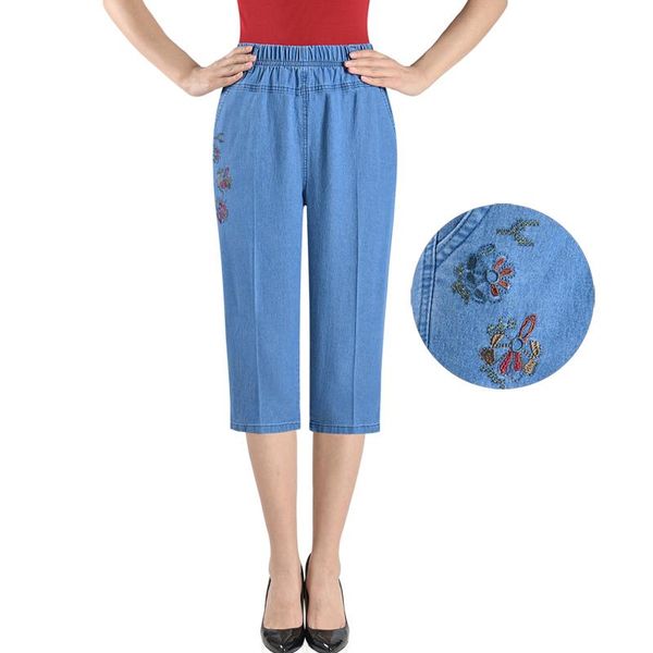 women's jeans summer female fashion embroidery 7 minutes pants lady elastic waist mother high oversize loose women, Blue
women's jeans summer female fashion embroidery 7 minutes pants lady elastic waist mother high oversize loose women, Blue