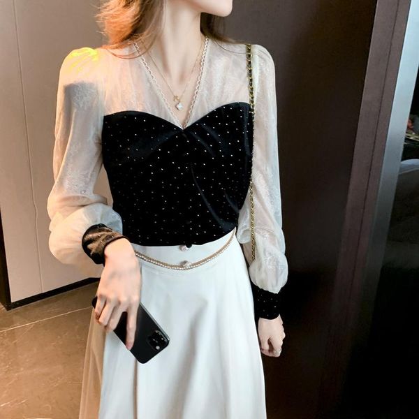 women's blouses & shirts women shirt 2021 fashion patchwork velvet for hollow out lace long sleeve woman gauze dot basic ol, White
women's blouses & shirts women shirt 2021 fashion patchwork velvet for hollow out lace long sleeve woman gauze dot basic ol, White