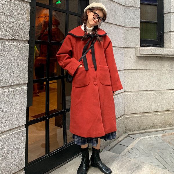 wool winter red warm soft female peter pan collar lace-up coats chic sweet women comfortable woolen cotton long coat, Black
wool winter red warm soft female peter pan collar lace-up coats chic sweet women comfortable woolen cotton long coat, Black